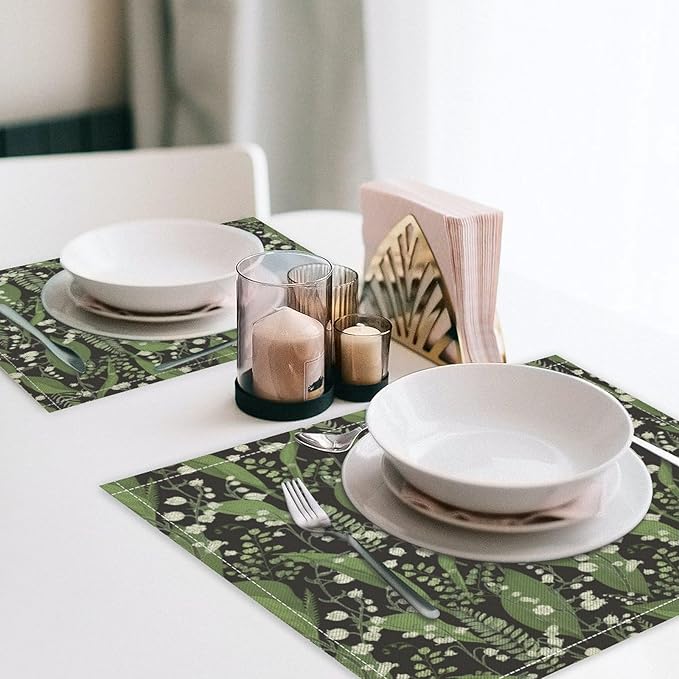 Vintage Botanical Placemats Set of 6, 17x12 Inch Retro Nature Plant Exotic Green Leaves Wildflower Table Mats for Home Party Kitchen Dining Decor