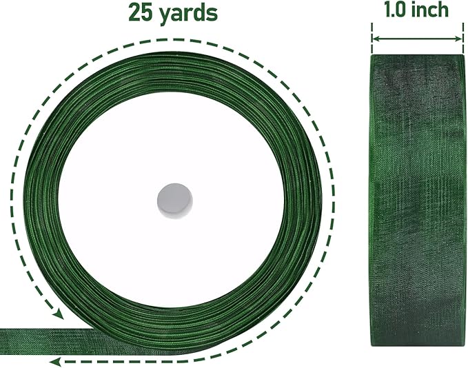 Organza Ribbon Sheer Ribbon, 1" x 125 Yd 5 Rolls Green for Gift Wrapping, Bouquet, Wedding, Party Decoration, Green