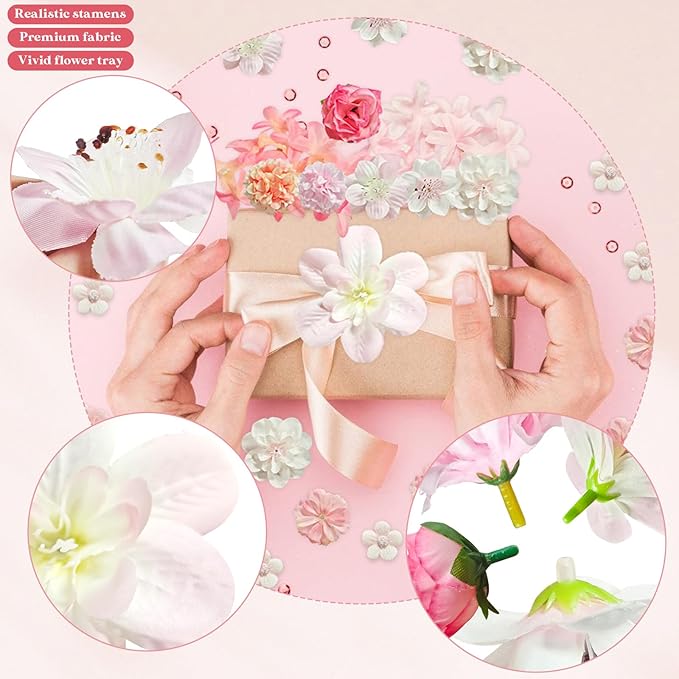 70 pcs Mini Artificial Flowers Heads Pink Silk Peony Daisy Rose Bulk Mix Flower Heads Faux Rose for Crafts Graduation Wedding Baby Shower DIY Home Party Decoration