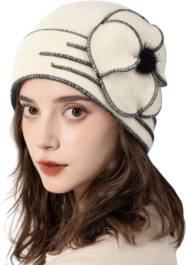Sumolux Beanie Hats for Women Wool Skull Cap Beret Floral Cuffed French Vintage Dress Cloche Classic Winter 1920s
