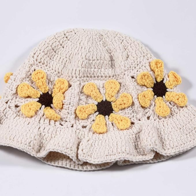 Crochet Bucket Hat for Women Flower Knit Hat Hollow Out Foldable Cap Hats