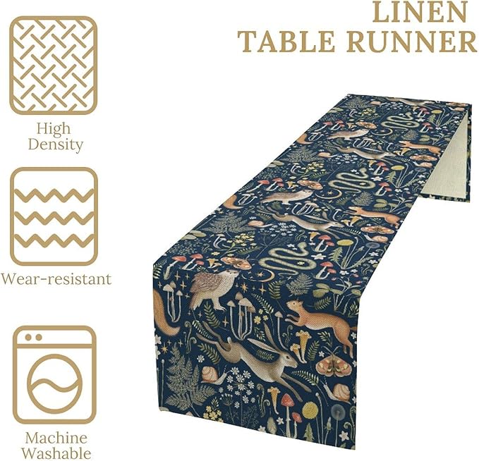 Fairy Forest Table Runner, Rustic Retro Woodland Wildlife Owl Squirrel Flowers Mushroom Seasonal Holiday Kitchen Dining Coffee Table Decoration For Home Indoor Outdoor Party Wedding, 13x120inch