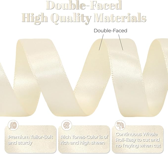 Premium Double Faced Satin Cream Ribbon, 7/8 Inch X 25 Yards, Perfect for Gift Wrapping, Crafts, Wedding Decor