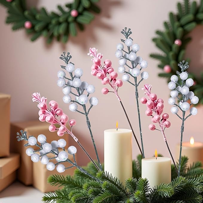 24Pack Christmas Picks Glitter Berries Stems Artificial White Berry Branches Holly Picks Stems Christmas Tree Ornaments for DIY Xmas Wreath Crafts Gifts Holiday Home Decor (White)
