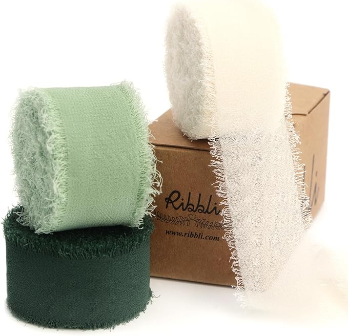 Ribbli Green Ribbon 1 Inch x 3 Rolls Total 24 Yards Ivory/Sage/Forest Green Handmade Fringe Chiffon Silk Ribbon for Wrapping Wedding Invitations Bridal Bouquets DIY Crafts Home Decor