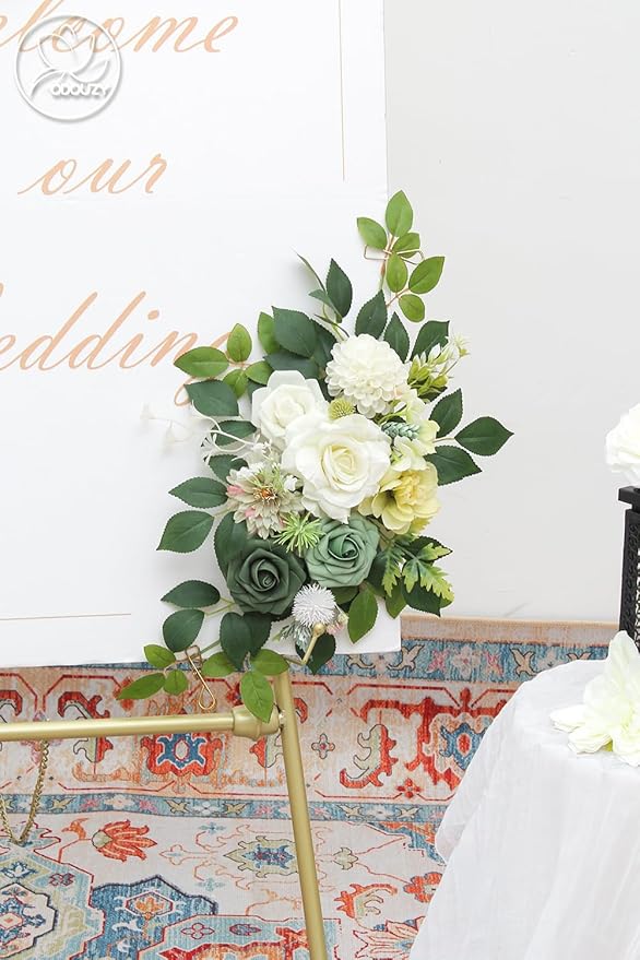 Pack of 2 Wedding Arch, Artificial Flowers, Wedding Decor，Flower Garland Be Suited to Banquet, Party, Reception Entrance Welcome Sign and Background Decoration (White Green)