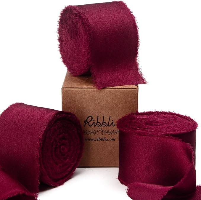 Ribbli Burgundy Silk Satin Ribbon 1.5 Inch x 30 Yard Handmade Frayed Chiffon Wine Red Ribbon for Gift Wrapping Wedding Invitations Bridal Bouquets Home Decor