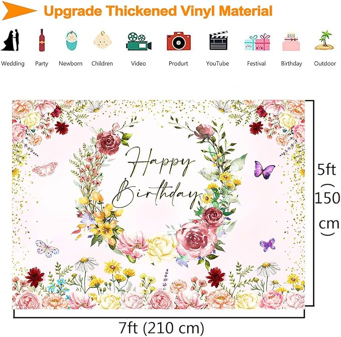 Pink Floral Wildflower Happy Birthday Backdrop Banner Decorations for Girl,Watercolor Flower Butterfly Birthday Backdrops Background for Wildflower Theme 1st Bday Party Supplies Photobooth Props 7x5ft