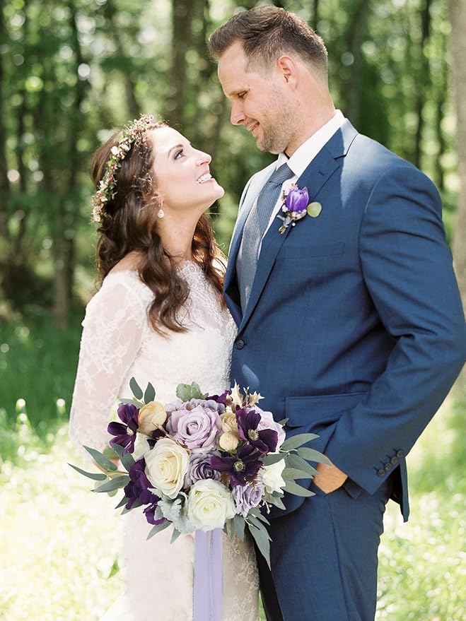 Rinlong Wedding Bouquet for Bride 11" Violet Purple Bridal Bouquets Artificial Flowers Purple Silk Wedding Proposal Bouquet