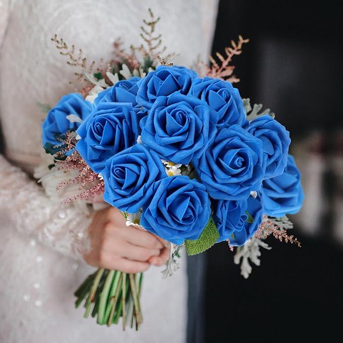 100 Pieces Artificial Foam Rose Flowers Faux Bouquet with Leaves and Stems for DIY Wedding Bouquets Centerpieces Bridal Shower Party Valentine Home Decorations(Royal Blue)
