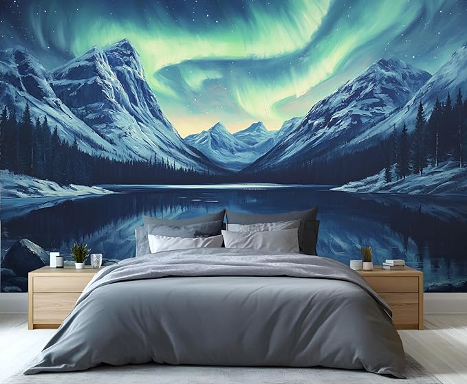 Northern Lights Mountain Wall Mural, Aurora Borealis Lake 3D Wall Murals, Snowy Peaks Starry Sky Wallpaper Mural, for Living Room Bedroom Large Wallpaper Indoor Decor 157.5" W x110.3 H