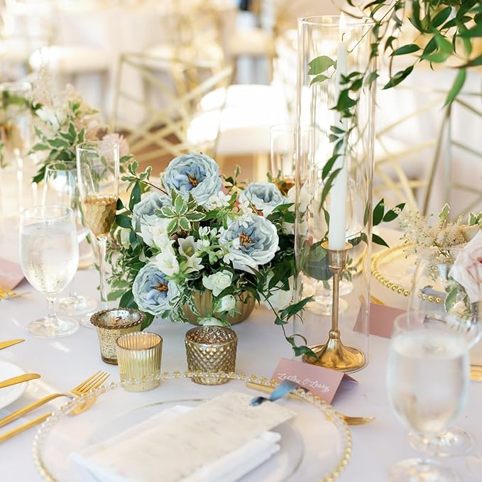 16pcs Silk Rose Head Light Blue Austin Roses Vintage Burnt Flower Artificial Flower Head with Stems for DIY Flower Wedding Bouquets Centerpieces Home Decoration (Light Blue)