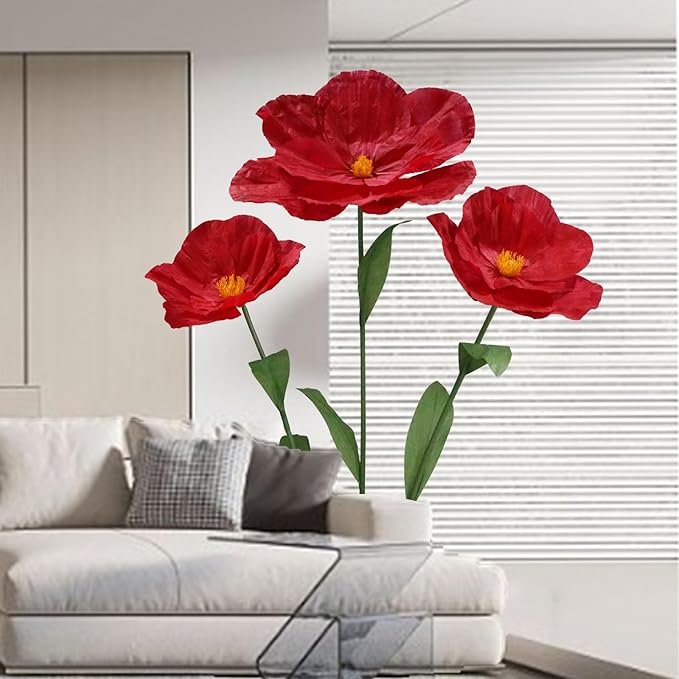5.9 Ft Large Paper Artificial Flowers,Giant Flowers for Decoration,Standing Huge Handcrafted Poppy Flowers for Garden,Hotel,Office,Photography Props,Wedding,Art Gallery,Shop Window Display(B-Red)