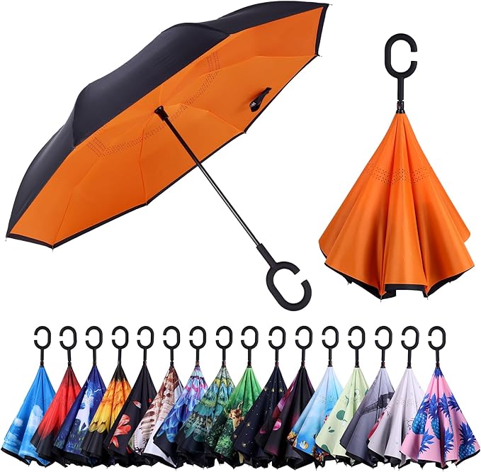 Inverted Umbrella, 49 Inch Double-Layer Vented Reverse Umbrella, Windproof Waterproof UV Protection, Lightweight C-Handle, Fiberglass Ribs, Steel Shaft, Travel/Commute/Car Use, With Sleeve