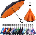 Inverted Umbrella, 49 Inch Double-Layer Vented Reverse Umbrella, Windproof Waterproof UV Protection, Lightweight C-Handle, Fiberglass Ribs, Steel Shaft, Travel/Commute/Car Use, With Sleeve