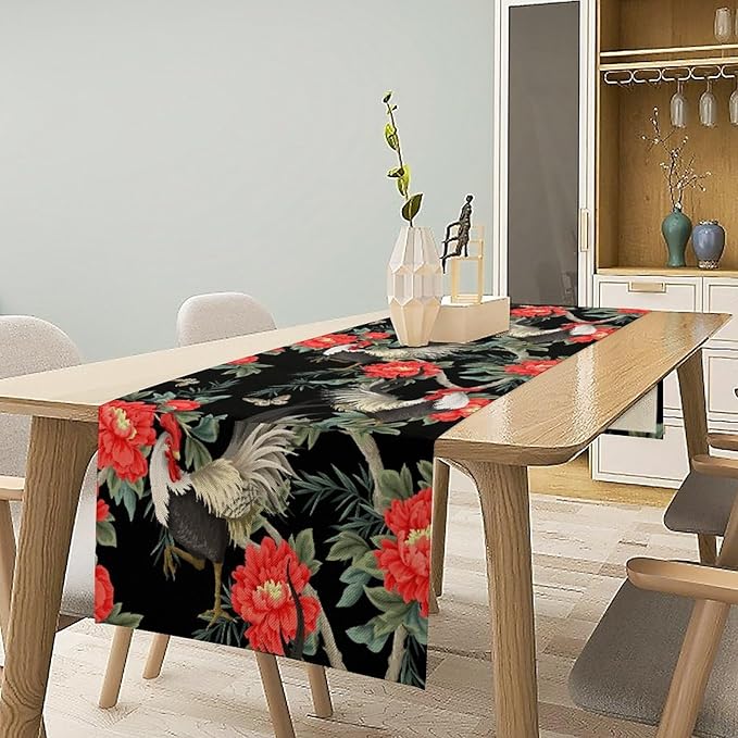 Rooster Floral Table Runner Vintage Farm Chicken Peonies Flower Dinner Runner for Country Farmhouse Home Kitchen Dinner Table Holiday Party Decoration 13x36in