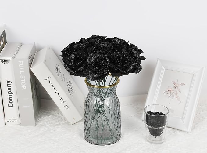 Black Glitter Roses,30PCS Fake Roses Flowers Artificial Roses with Stems for DIY Crafts Wedding Bouquet Party Home Decor(Black)