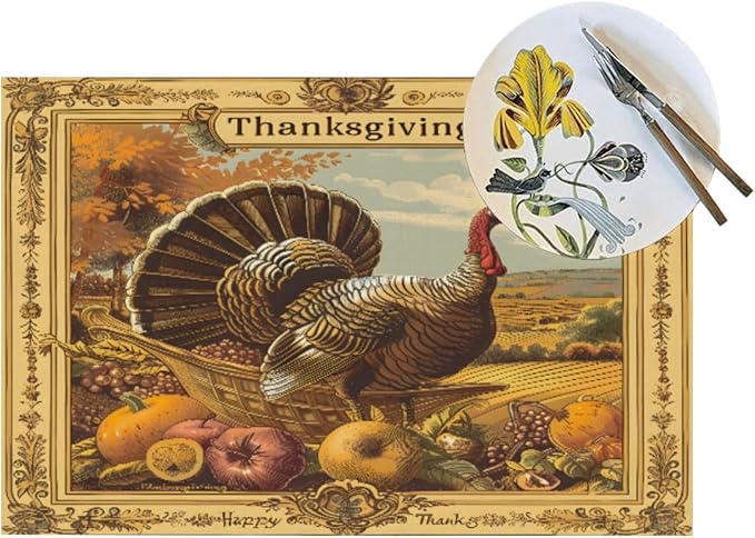 PVC Placemats Set of 4 Wipeable Table Mats Washable Heat Resistant Non Slip Vinyl Dining Table Mat for Kitchen Indoor Outdoor Patio Farmhouse Place Mats Retro Turkey Thanksgiving Decorative
