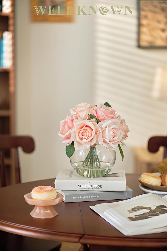 WELL KNOWN Artificial Flowers with Vase, Silk Rose Artificial Flowers Table Centerpieces with Faux Water for Home Decoration Fake Roses Flower Arrangements for Table Decor (Pink)