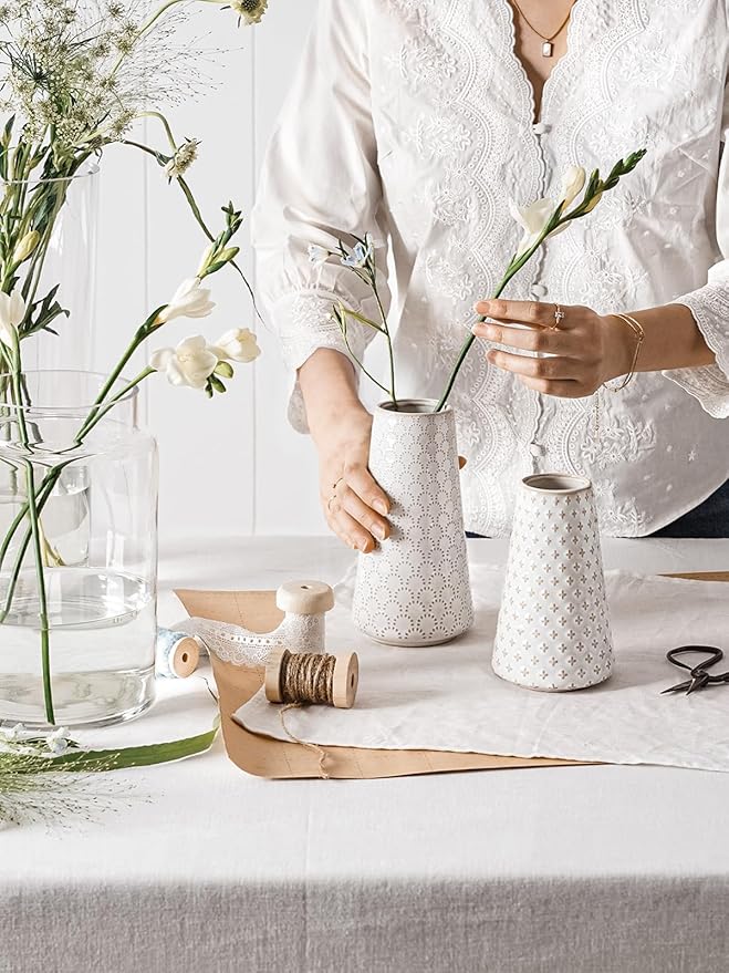 Ceramic Vase for Decor, 6 Inch+7.1 Inch White Flower Vase for Lego Flowers, Tulip and Pampas Grass, Embossed Farmhouse Vases for Centerpieces,Home Living Room Dining Table Office Decor, Arctic White