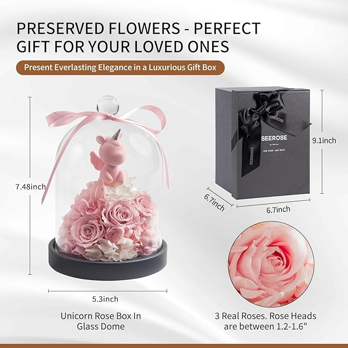 SEEROSE Preserved Rose with Unicorn in Glass Dome, Eternal Real Rose Romantic Gift for Her, Women, Mom, Wife, Girlfriend, Valentine’s Day, Mother’s Day, Christmas, Birthday (Lucky Unicorn, Pink)