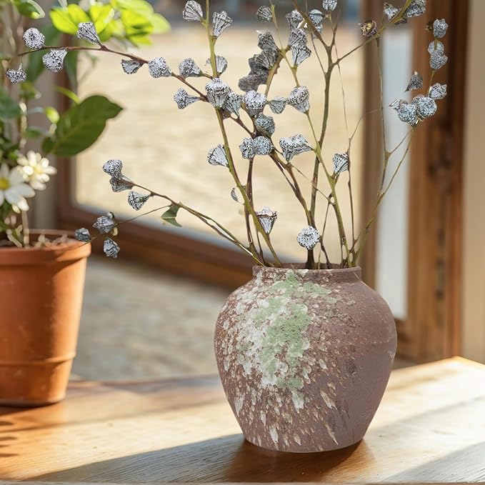 Rustic Farmhouse Ceramic Vase Home Decor,Handmade Vintage Stoneware Clay Pottery Terracotta Textured for Modern Farmhouse, Living Room, Office Desk Table Shelf(Brown) 6IN