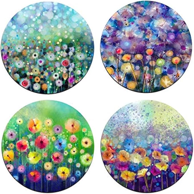 Watercolor FlowersRound Coaster Set - Made of Recycled Rubber - Set of 4