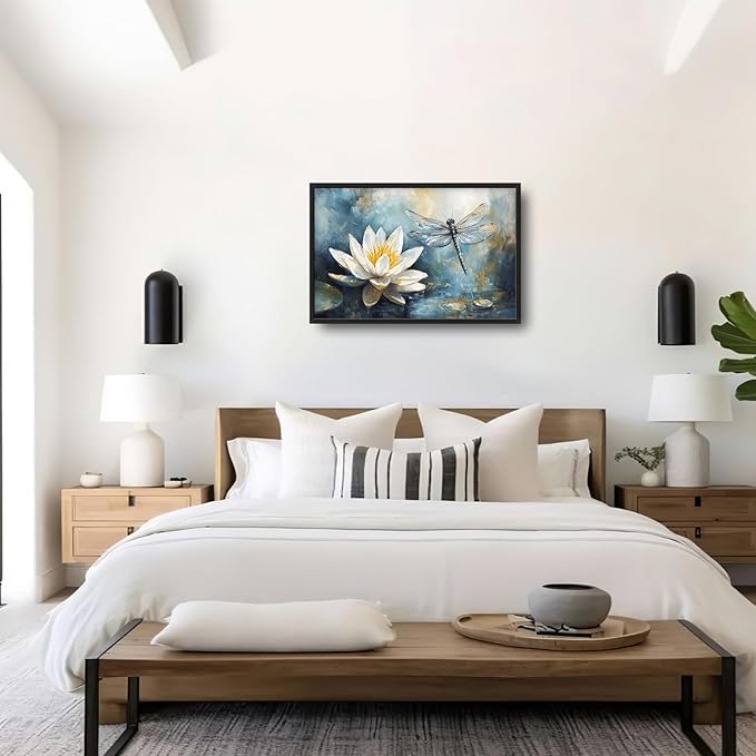 Extra Large Lotus Dragonfly Framed Wall Art for Living Room,Abstract Blue Lotus Flower Lake Pictures Wall Decor,Nature Canvas Print Painting Modern Artwork Bedroom Office Bathroom 36L x 24W