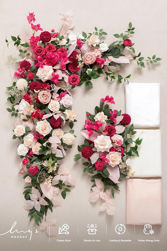 Ling's moment Deluxe Spring Pink Artificial Wedding Arch Flowers with Drapes Kit-Pack of 5, 2pcs Flower Arrangements 3pcs Hanging Sheer Drapes Ceremony Arbor Reception Backdrop Floral Decoration