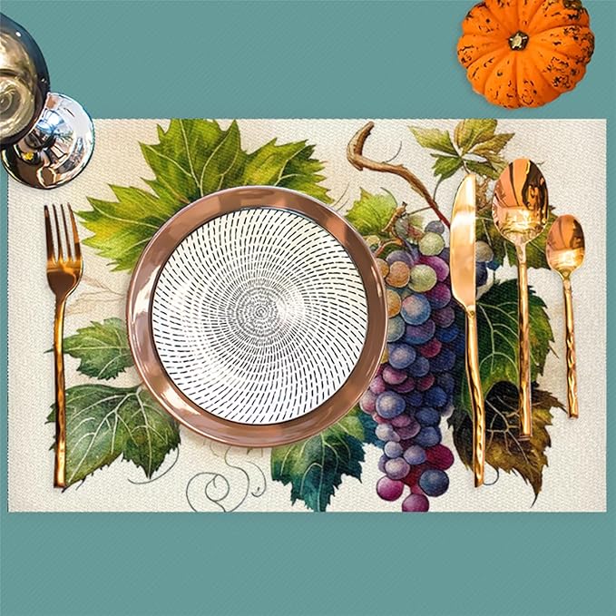 Fruit Grapes Purple Abstract Placemats Set of 4 PVC Vinyl Non Slip Table Mats Waterproof Heat Resistant Place Mats Washable Wipeable Dining Table Mat for Kitchen Party Indoor Outdoor Decorative