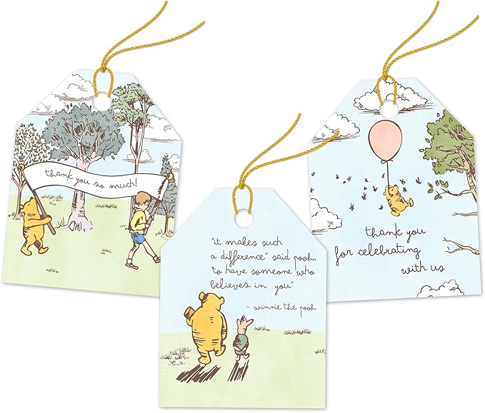 Pro Supply Global 24 Count of 2.5 Inch x 3 Inch Pre Strung Winnie The Pooh Gift Tag Assorted Printed Designs on Large Cardstock Gift Hang Tags - Ideal to Use on Bags