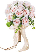 Wedding Bouquets Large for Bride, Bridal Silk Artificial Flowers 14pcs Pink Champagne Roses 10 in Fake Flowers for Wedding Party, Ceremony, Anniversary & Home Decor(Come with 4 kinds of Ribbons)