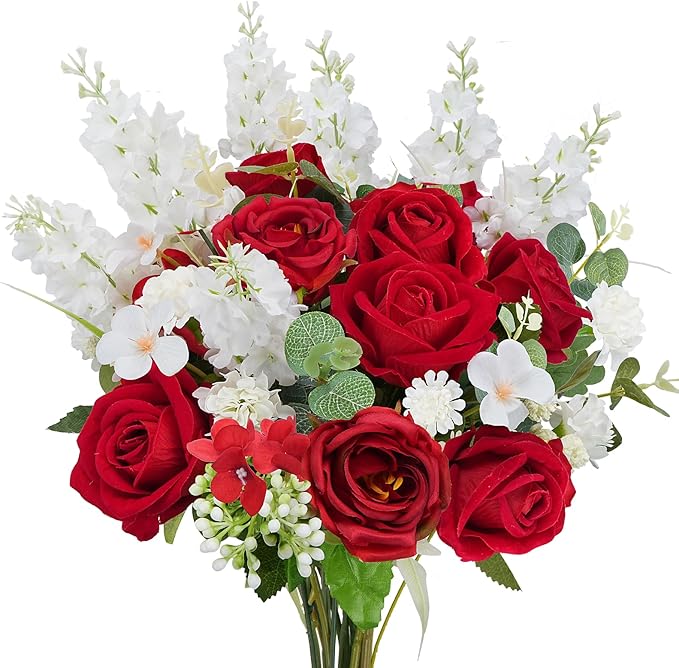 HUAESIN Artificial Rose Bouquet Faux Flower Stems Fake Rose Hyacinth with Red Heart Picks Spring Fake Floral Arrangements Indoor for Home Table Anniversary Valentine’s Decorations Outdoor