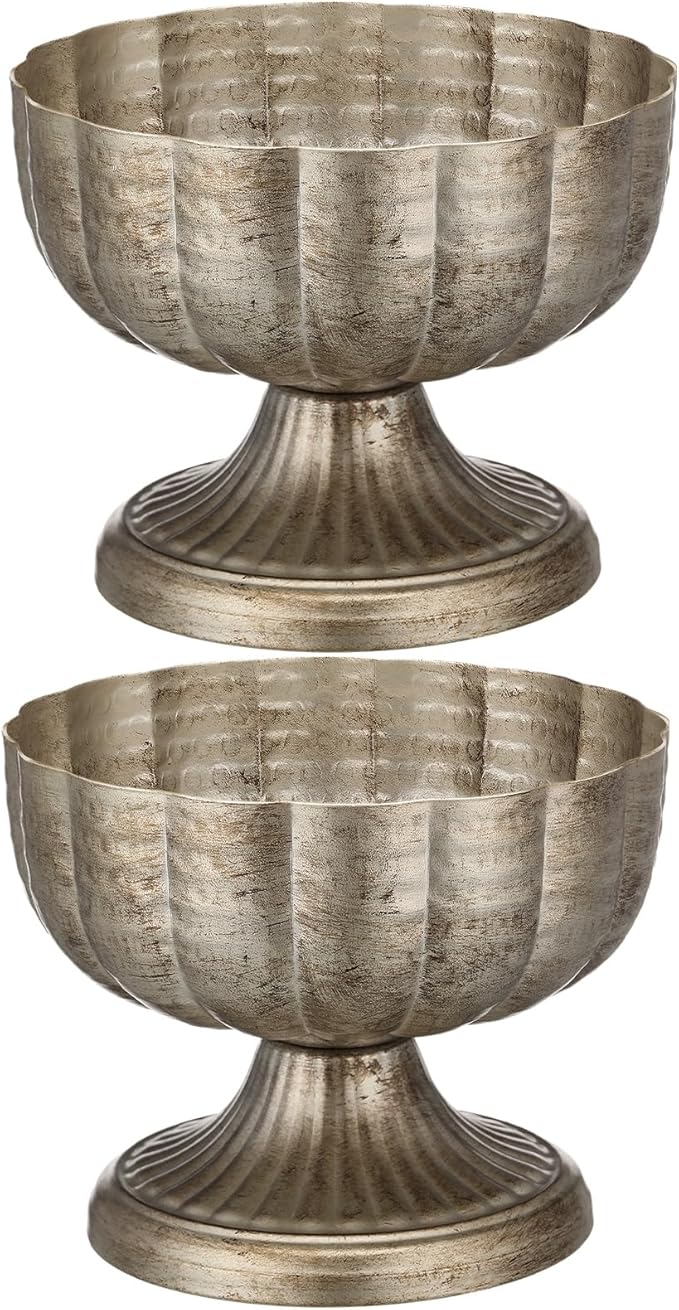 2 Pcs Distressed Vintage Silver Compote Vase for Centerpieces Compote Bowl 8'' Wide Vintage Decorative Antique Urn Planter Vase for Wedding Event Anniversary Party Indoor Outdoor Activity