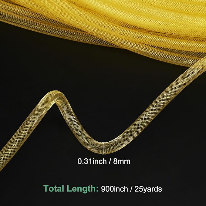 Mesh Tube Ribbon 25 Yards, 8mm Elastic Fabric Ribbons Mesh Tubing for Crafts/Gift Wrapping/Flower Bouquets/Wedding/Birthday/Holiday/Wreaths Christmas/Decoration[Ginger Yellow]