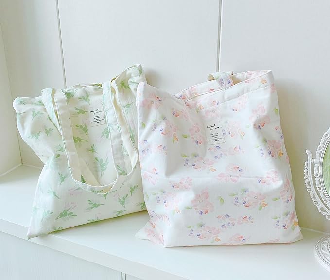 Cotton Canvas Tote Bag Reusable Soft Grocery Cloth Bag Floral Shoulder Bag for Beach Travel Shopping