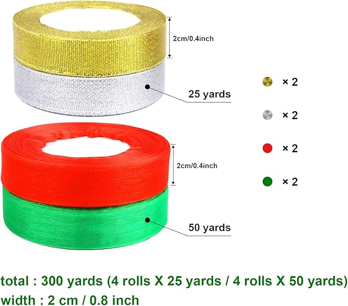 DECYOOL 8 Rolls 300 Yards Christmas Ribbons Metallic Glitter Fabric Organza Holiday Festival Ribbons 4/5" Wide for Gift Wrapping Decoration