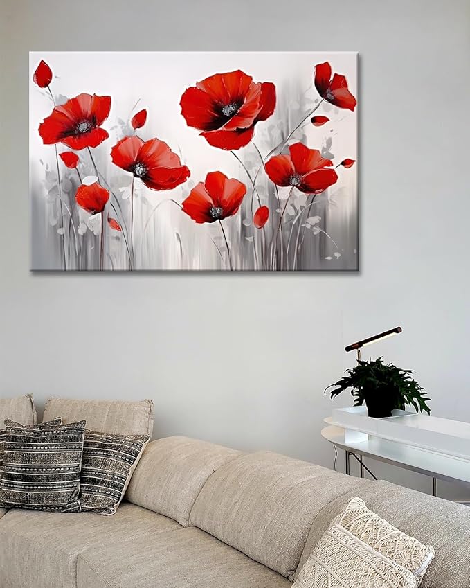 GLOKAK Red Poppies Wall Art - Modern Floral Red Poppy Flower on Grey Background Painting Poster Canvas Print Artwork For Home Bathroom Bedroom Decoration (24"x16")