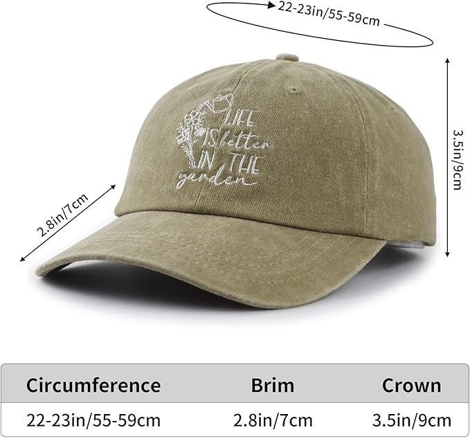 Life is Better in The Garden Hats for Women, Adjustable Cotton Embroidered Gardening Baseball Cap