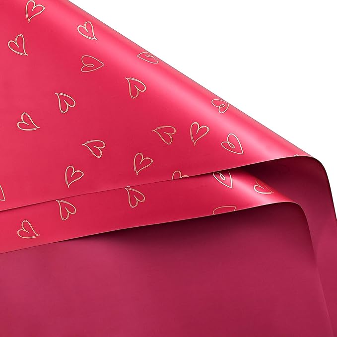 LeZakaa 20 Sheets Valentine Flower Wrapping Paper, Red with Gold Heart Pattern Waterproof Floral Bouquet Paper, for Christmas, Valentines, Mothers Day, Party, Romantic Birthday, Wedding, Anniversary