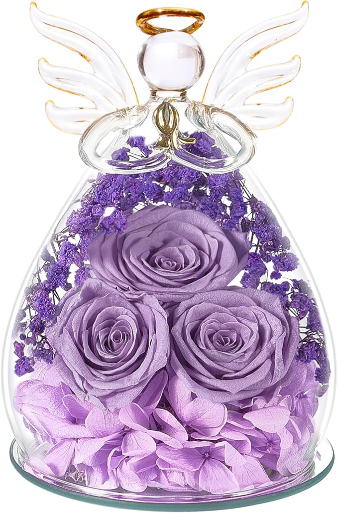 Beferr Christmas Birthday Gifts for Women, Mom Gifts for Christmas Fresh Flowers for Delivery Prime Forever Preserved Rose in Glass Angel, Xmas Gifts for Grandma Wife Sister Her, Lavender Purple