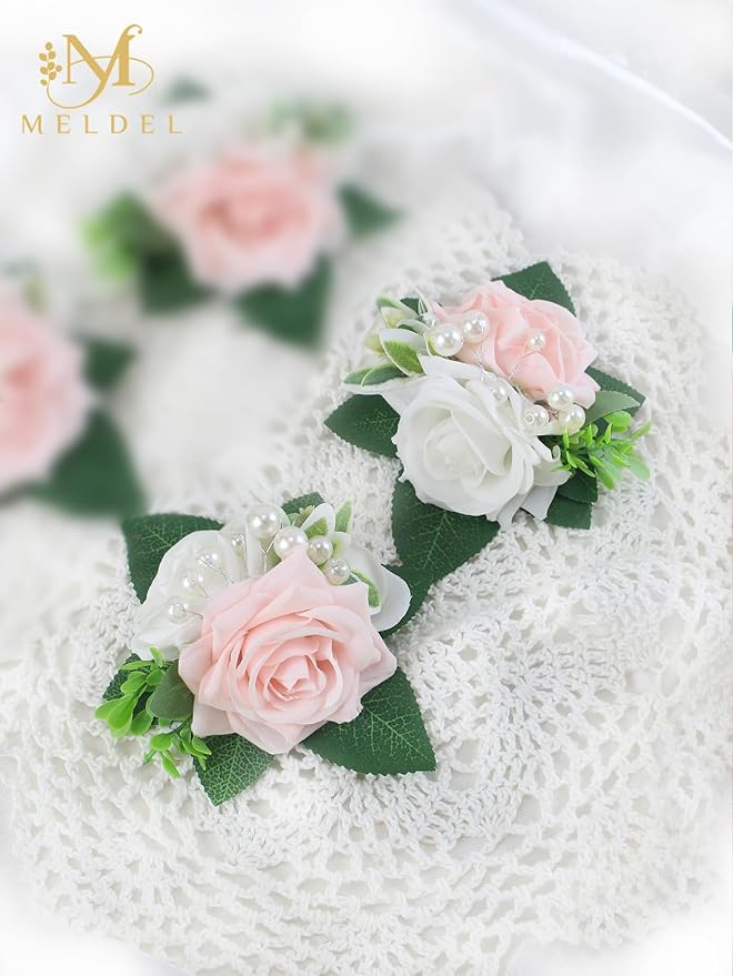Meldel Pink&White Boutonniere for Men Wedding, Set of 6,Elegant Pearls Rose Boutonniere for Groom Groomsman Prom,Homecoming,Anniversary,Party,Prom Flowers and Vintage Wedding