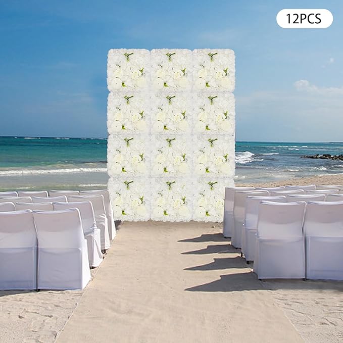 Flower Wall Panel Set,White Artificial Wall Flower Backdrop,12 Pcs 15" X 15" 3D Silk Hydrangea Rose Floral Panel,Faux Roses Artificial Flower Backdrop for Wall Decor