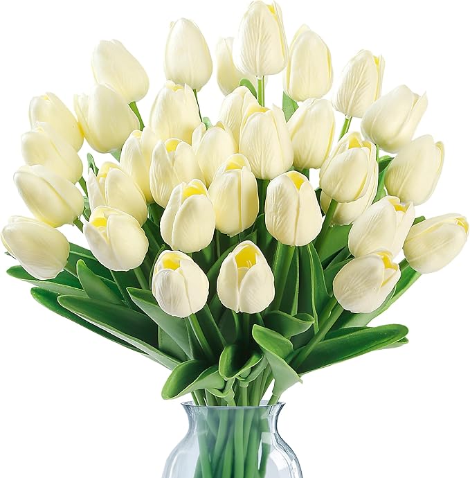 Sggvecsy 15 Pcs Fake Tulips Artificial Flowers Real Touch PU Faux Flowers Tulip Stems for Wedding Spring Bouquet Floral Arrangement Home Party Office Decorations for Mother's Day (Milk White)