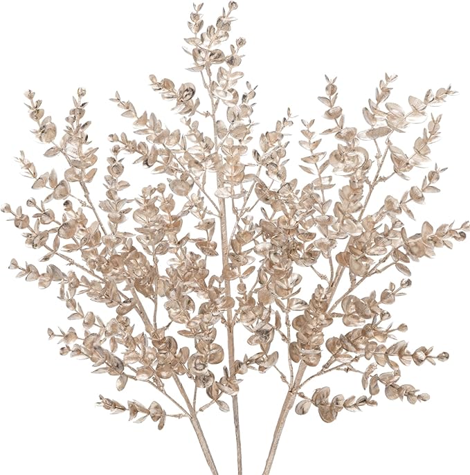Hollyone 26.3” Christmas Tree Picks and Sprays 3Pcs Champagne Artificial Eucalyptus Stems Eucalyptus Leaves Branches Fake Leaf Floral for Vase DIY Xmas Tree Garland Wreath Centerpieces Wedding Decor