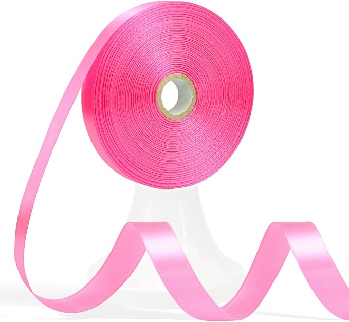 60 Yards Flamingo Pink Satin Ribbon 5/8 Inch, Solid Polyester Fabric Ribbon for Gift Wrapping, Crafts, Flower Bouquet, Wedding, Baby Shower, Festival, Christmas