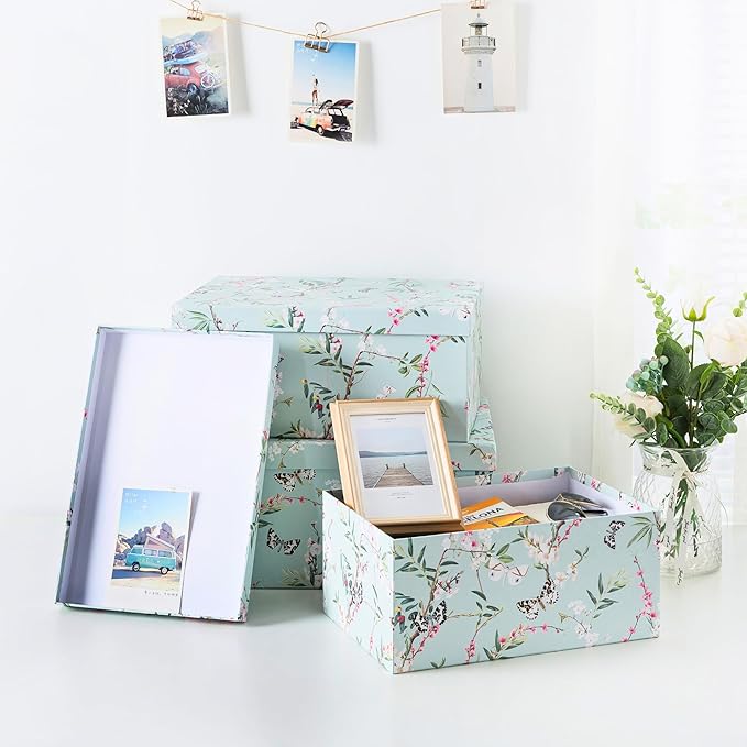 Soul & Lane Butterflies in Flight Photo Storage Boxes (Set of 3): Nesting Boxes with Lids, Floral Decorative Cardboard Containers, Paperboard Picture Storage for Photos, Nature Decor Cartons