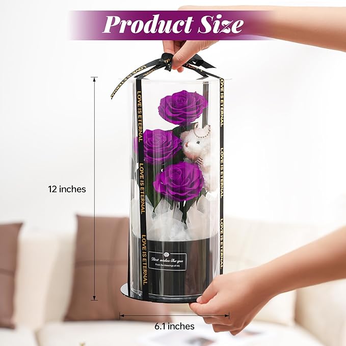 Flowers Forever Roses in A Box, 3 Real Roses with Stems and Bear, Eternal Rose Gifts for Her,Birthday Gifts for Women, Mom,Girlfriend,Grandma,Daughter,Purple