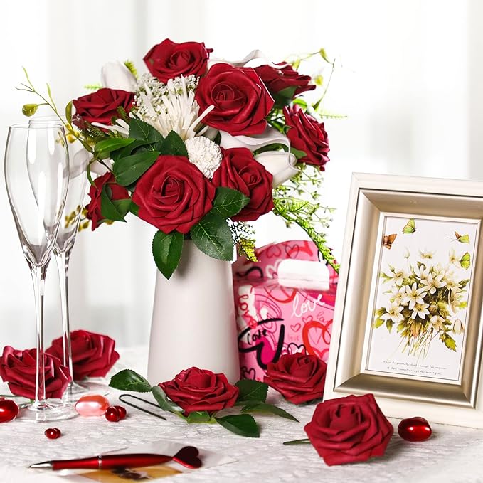 100 Pieces Artificial Foam Rose Flowers Faux Bouquet with Leaves and Stems for DIY Wedding Bouquets Centerpieces Bridal Shower Party Valentine Home Decorations(Burgundy)