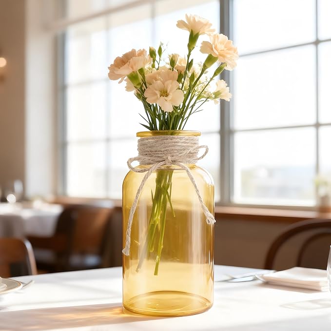 Vintage Glass Flower Vase，12 Pack Gold Amber Farmhouse Glass Centerpiece Vases Mason Jars for Weddings, Parties & Home Decor Bulk (12, Gold)